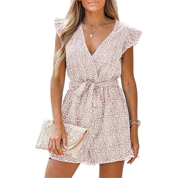 Women's V-Neck Floral Print Romper – Belted Elastic Waist - Picture 6 of 7